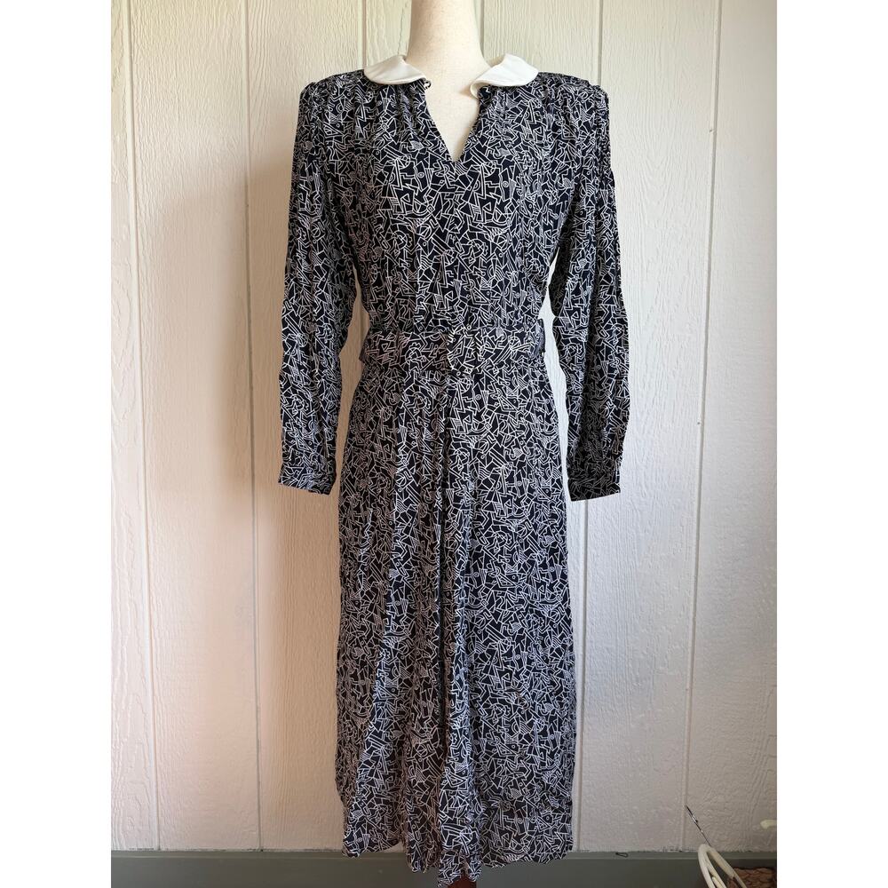 Vintage 80s/90s Abstract Geometric Midi Dress Collar Secretary Belted Dress 12